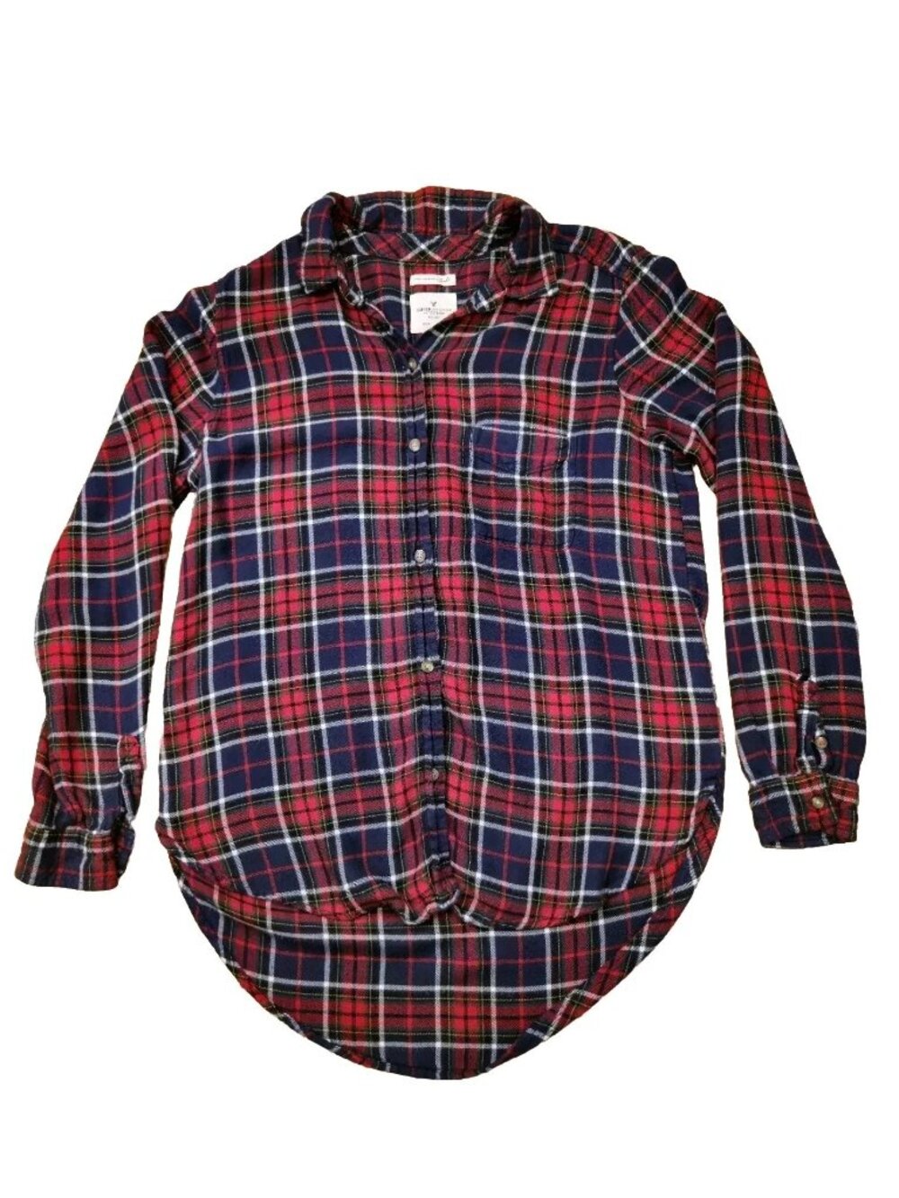 American Eagle Red Blue Plaid Long Sleeve Button Down Shirt Women Size M